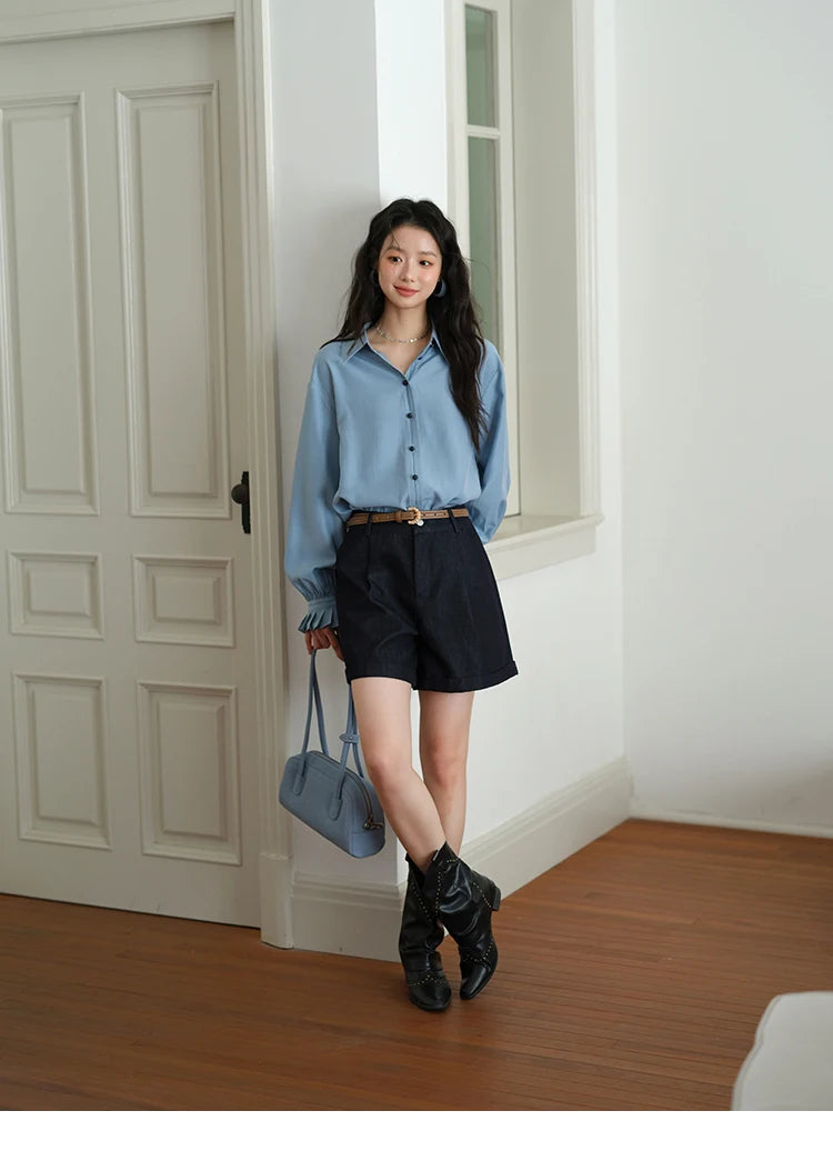 MISHOW Women's Color Block Shirt Pleated Cuffs Lapel Top MXE41C2352