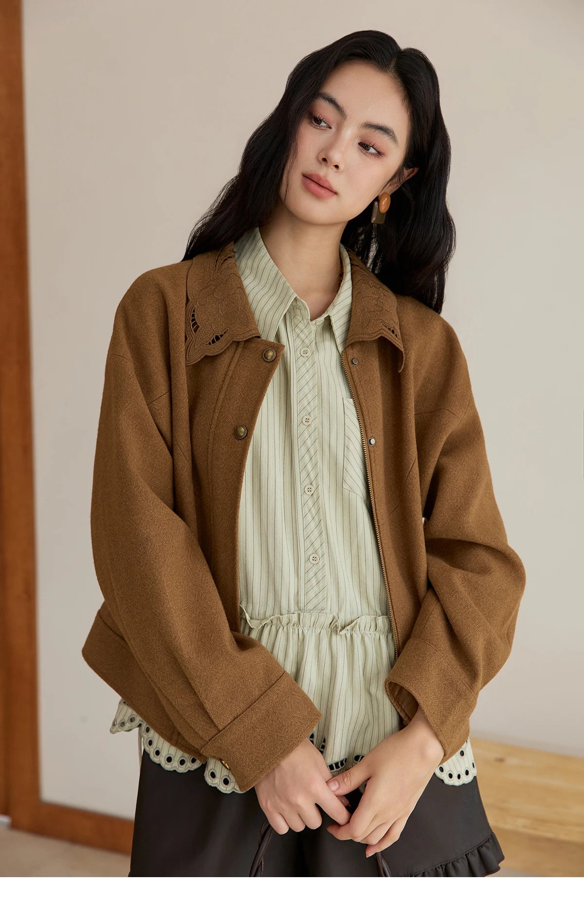Mishow Brown Hollow Out Embroidery Woolen Coat MXE49W0856