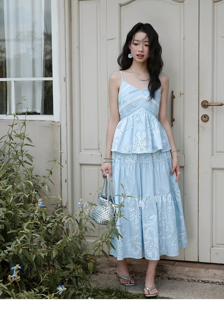 Mishow Strap V-Neck Embroidery Top & Drawstring Skirt Set MXE34T0624