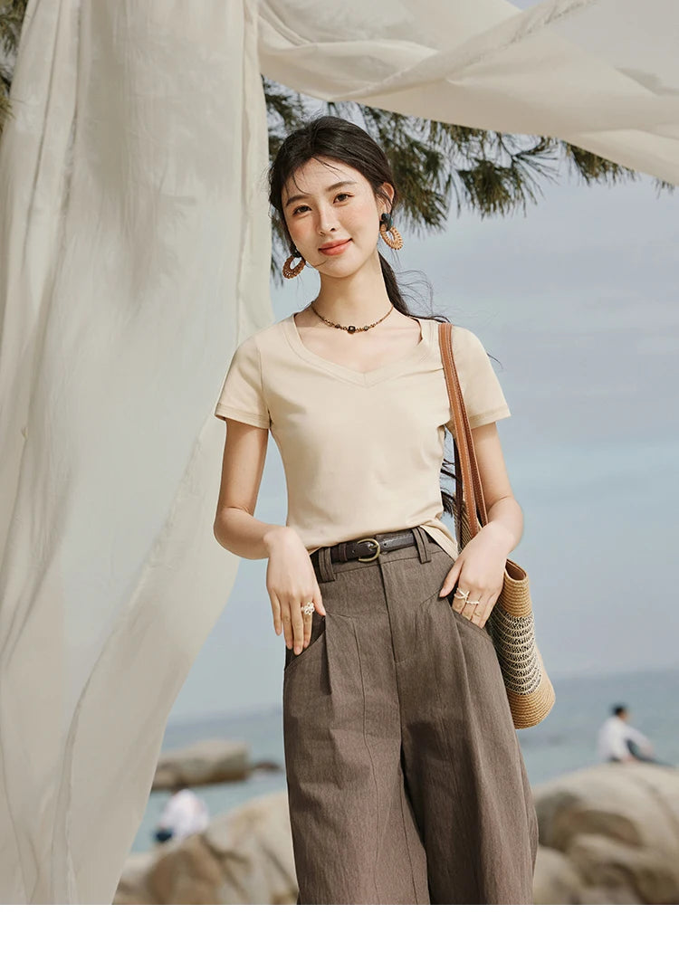 Mishow Solid V-Neck Slim Cotton Tee MXE33T0519