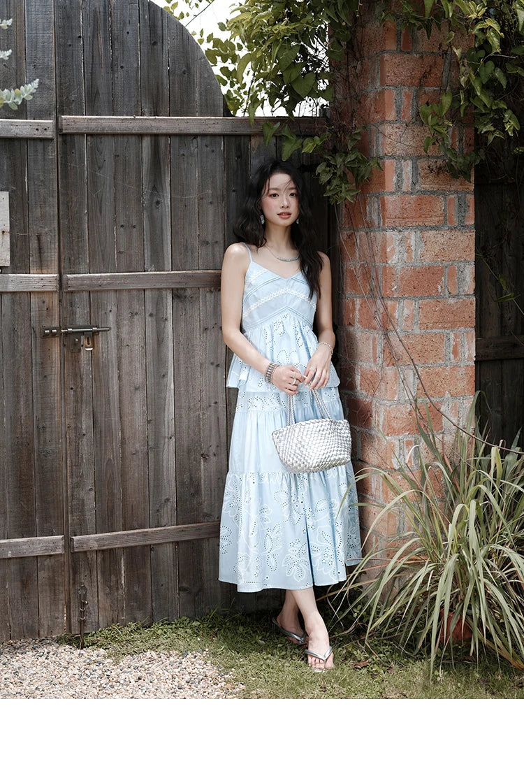 Mishow Strap V-Neck Embroidery Top & Drawstring Skirt Set MXE34T0624