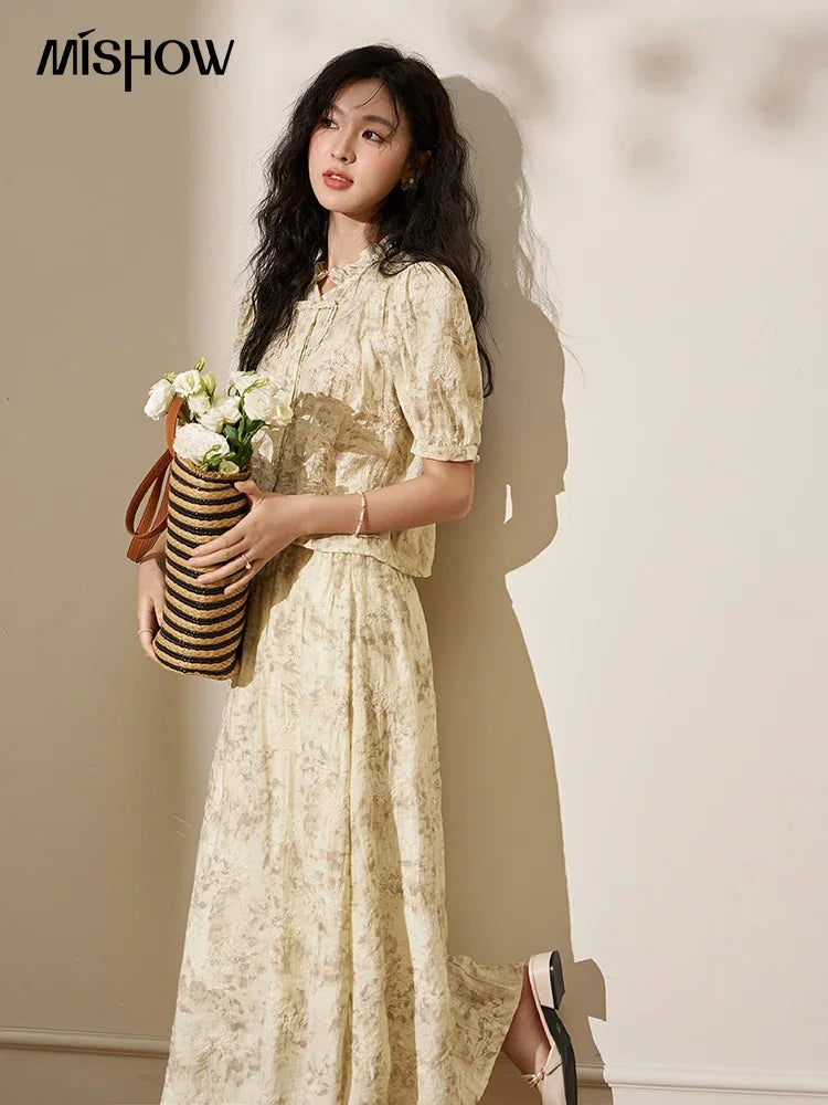 Mishow Chinese Embroidered Puff Sleeve Top & A-Line Skirt Set MXD24X1405