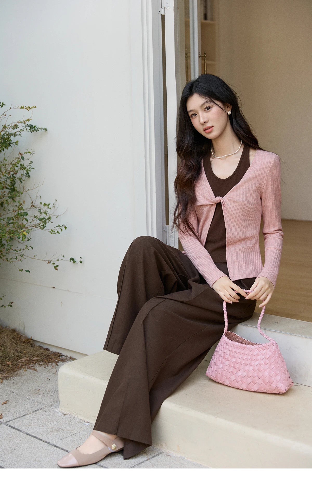 Mishow Pink Brown Fake Two-Piece Knot Front Top MXF11Z2912