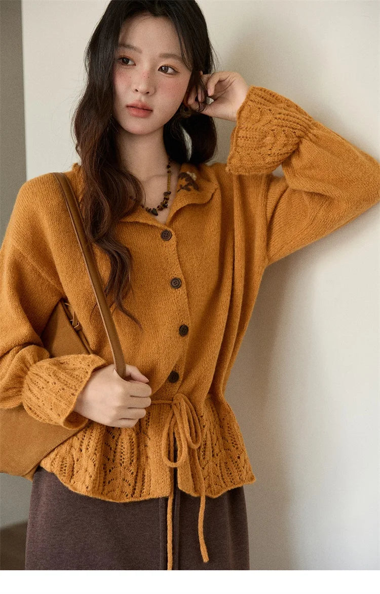 Mishow Orange Openwork Crochet Flared Sleeve Cardigan MXE87Z2685