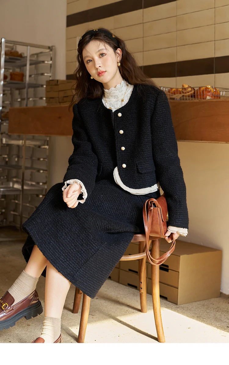 Mishow Wool Blend Short Coat & Rear Split A-Line Skirt Set MXC56W0162