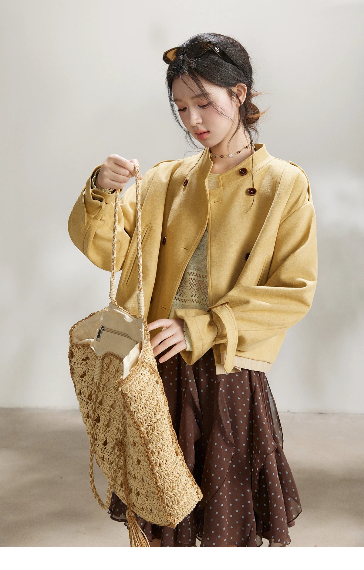Mishow Yellow Double-Breasted Stand Collar Trench MXF11W1026