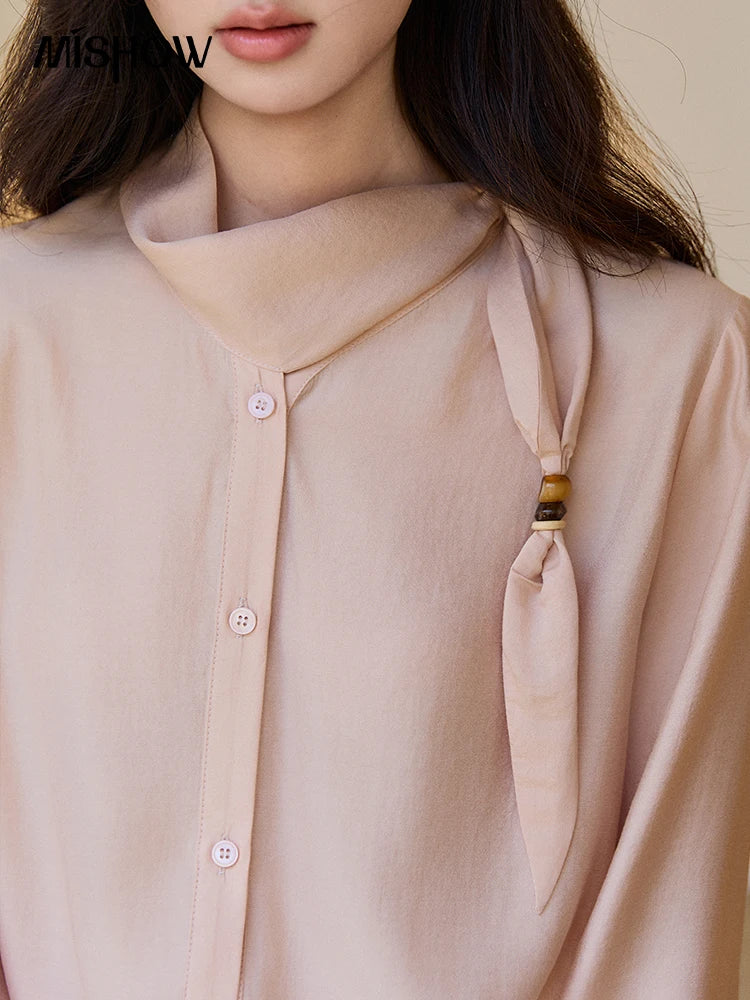 MISHOW Nude Pink Ribbon Stand Neck Shirt Button-Down MXE11X2547