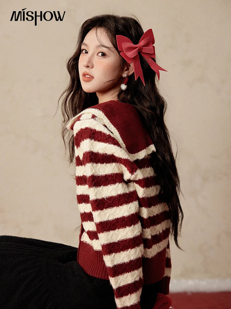 Mishow Christmas Red Striped Wool Blend Cropped Cardigan MXD58Z1038