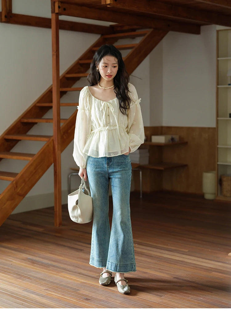 MISHOW Cashew Flower Embroidered Blouse V-Neck Lace Up Puff Sleeve MXE41X1945