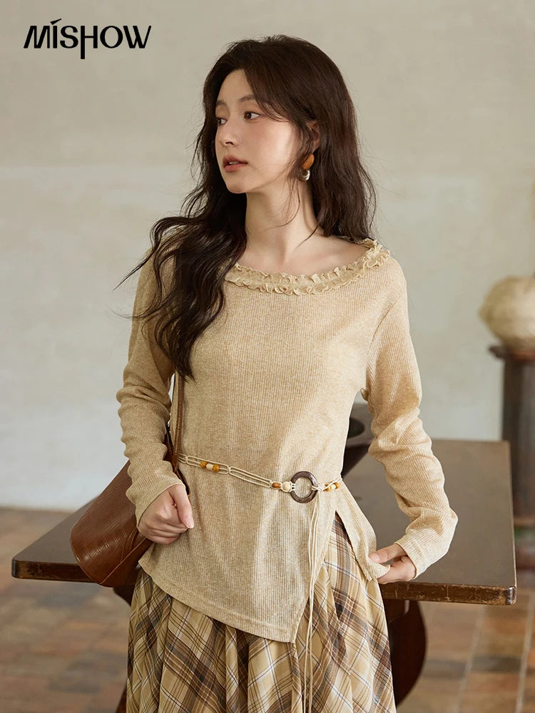 Mishow Apricot Ramie Knit Bohemian Belt Top MXE42Z1324