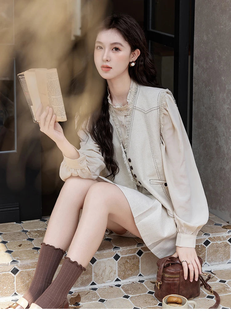 Mishow French Apricot Stand Collar Shirt & Pleated Mini Skirt Set MXD48C0365