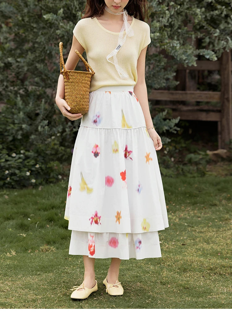 MISHOW White Background Flower Cotton Skirt High Waist A-LINE MXE32B0720