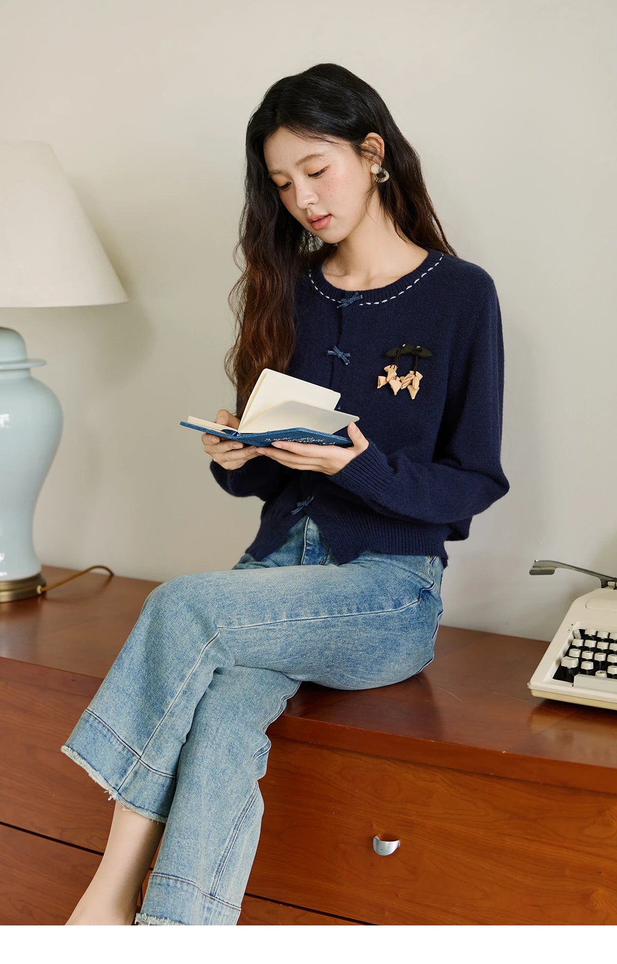 Mishow Bow Placket Lantern Sleeve Cardigan with Brooch MXE45Z1377