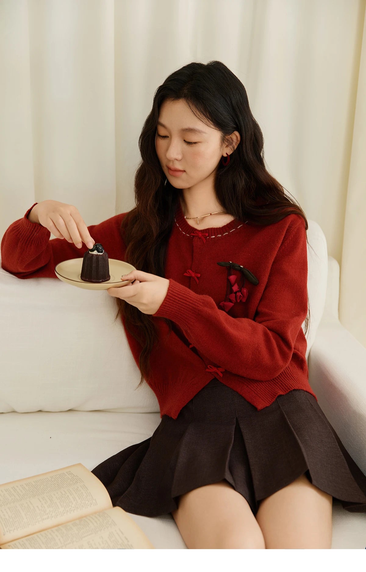 Mishow Bow Placket Lantern Sleeve Cardigan with Brooch MXE45Z1377
