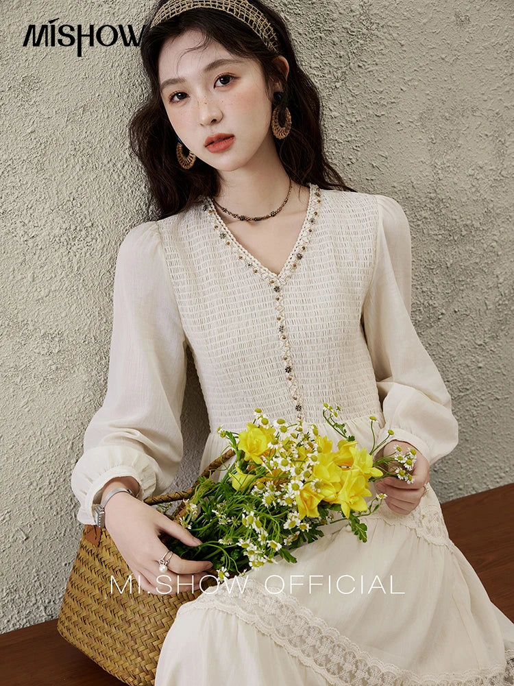 Mishow Apricot 100% Cotton Splicing Lace Dress MXE16L2168