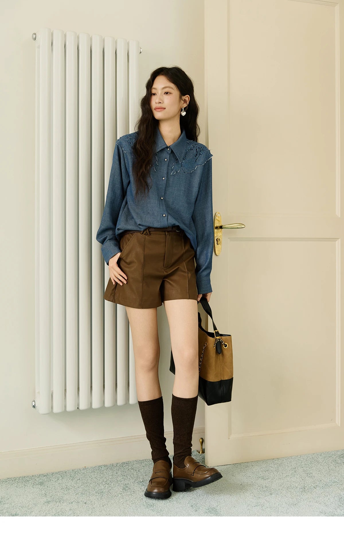 MISHOW Blue Shirt Hollowed Out Patchwork Embroidery Imitation Denim MXE46C2410