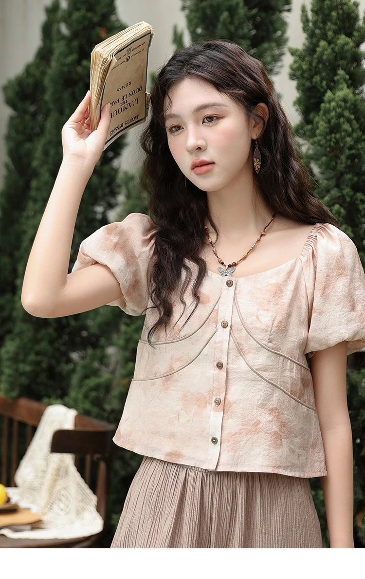 MISHOW Contrast Halo Print Blouse Square Collar Puff Sleeve MXD30X1562