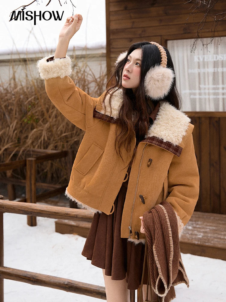 Mishow Fur One-Piece Lamb Wool Bull Horn Buckle Coat MXE91W1002