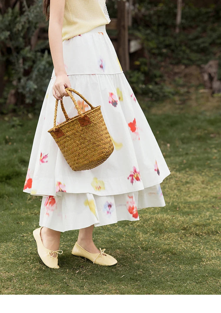 MISHOW White Background Flower Cotton Skirt High Waist A-LINE MXE32B0720