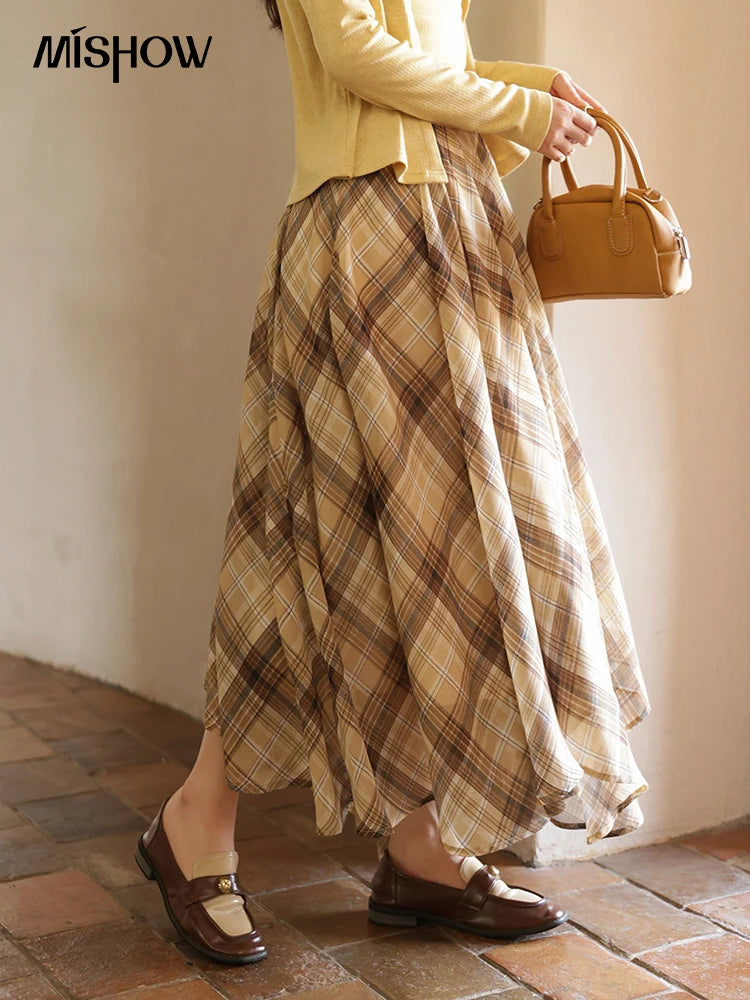 MISHOW Coffee Plaid Skirt Asymmetrical Hem Side Zipper A-Line MXE42B2377