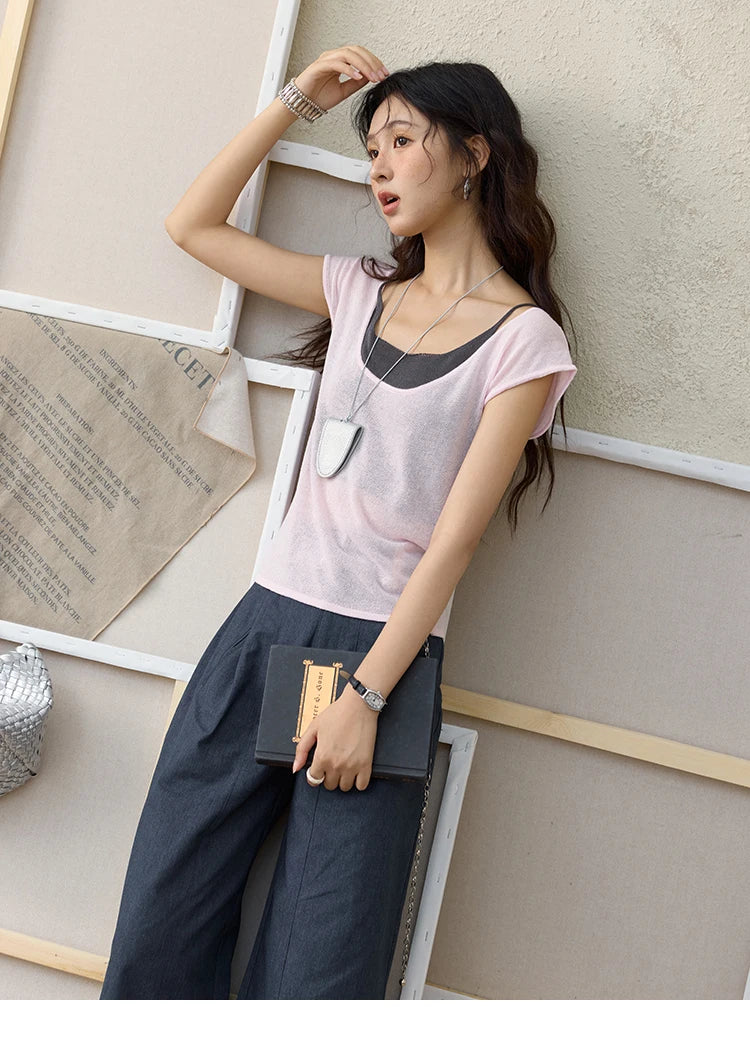 Mishow Linen Contrast Fake Two-Piece Knit Tee MXE36Z1277