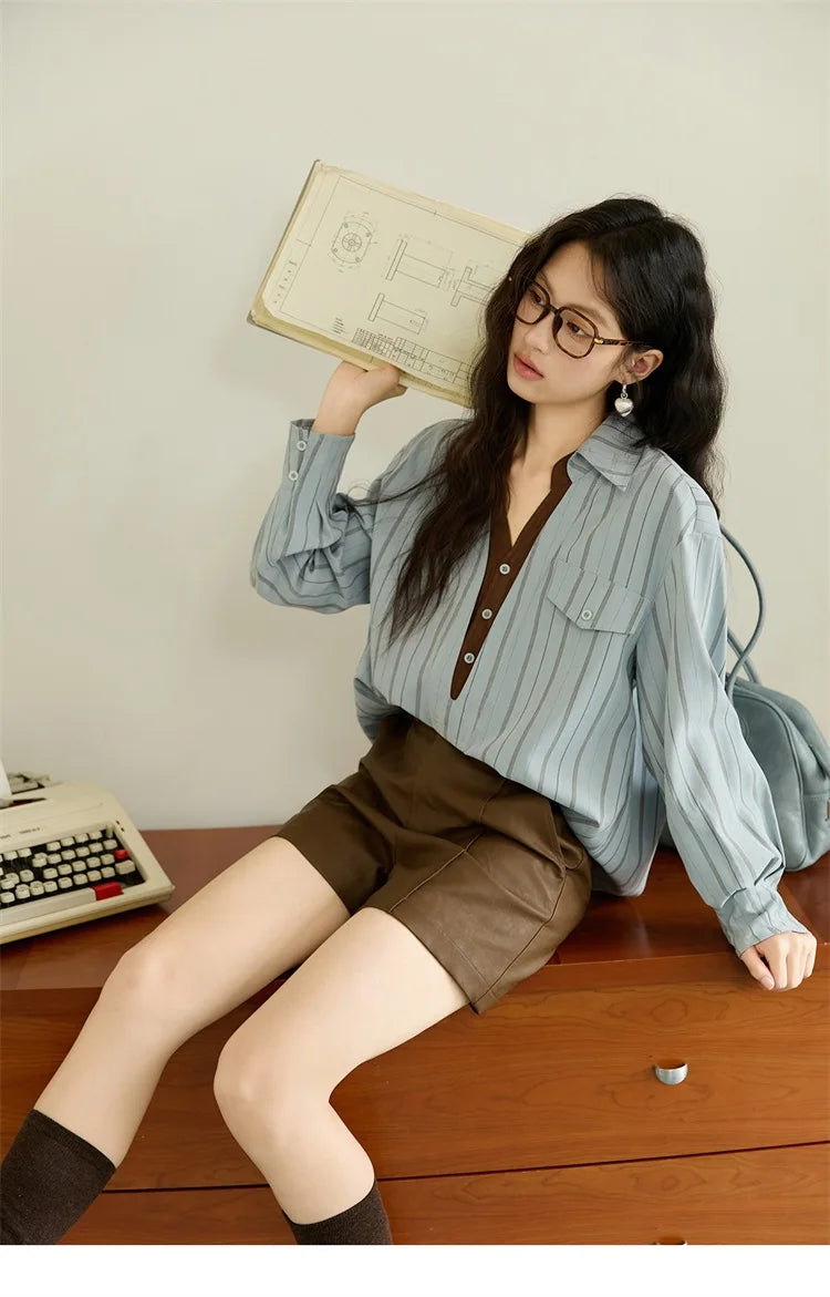 MISHOW Peach Skin Velvet Stripe Shirt Double Layered Collar MXE47C2408