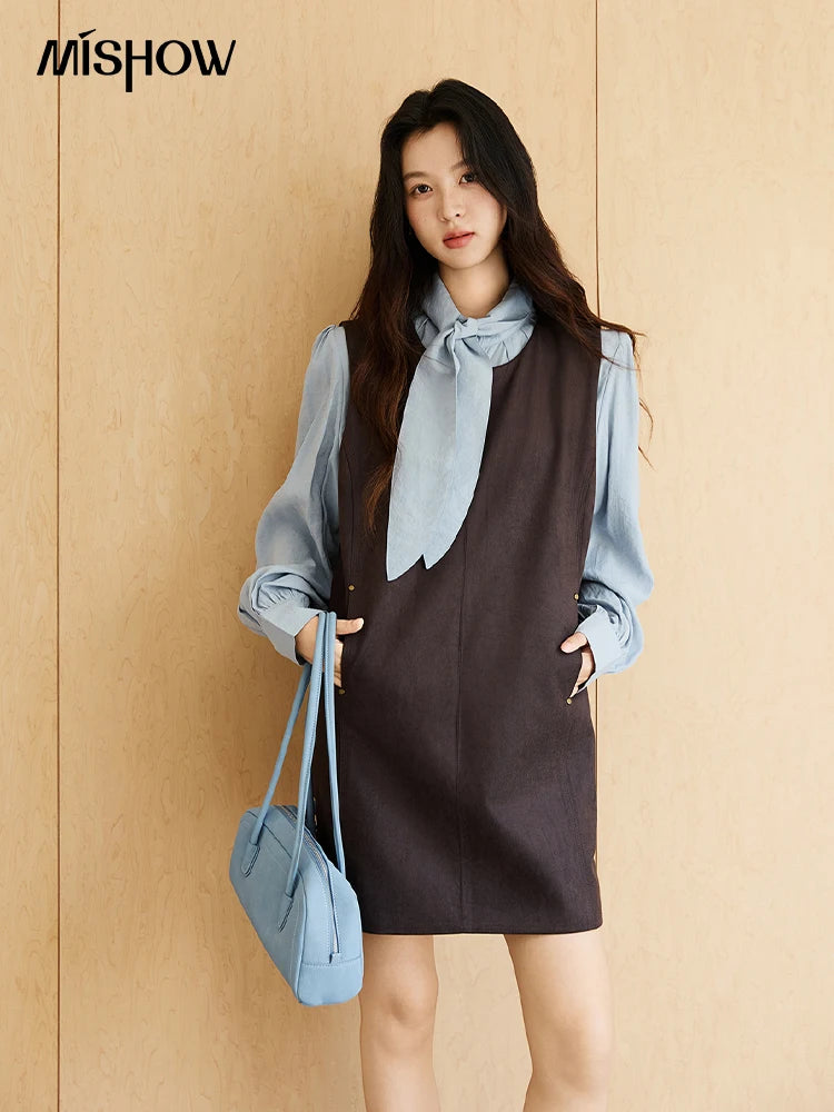 Mishow Light Blue Shirt & Brown Vest Skirt Suit MXE47T1408