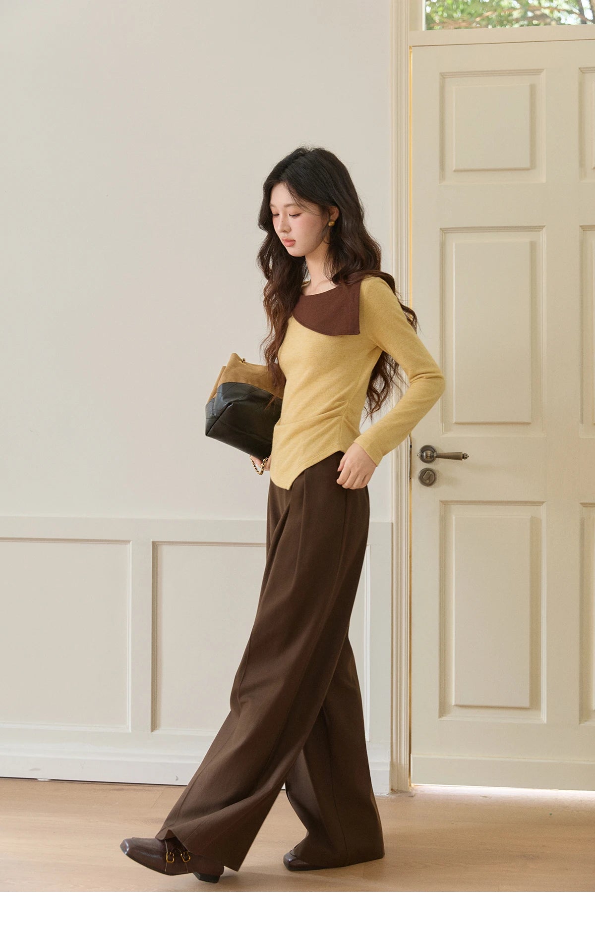 Mishow Yellow Brown Contrast Oblique Collar Knit Top MXF11Z2911