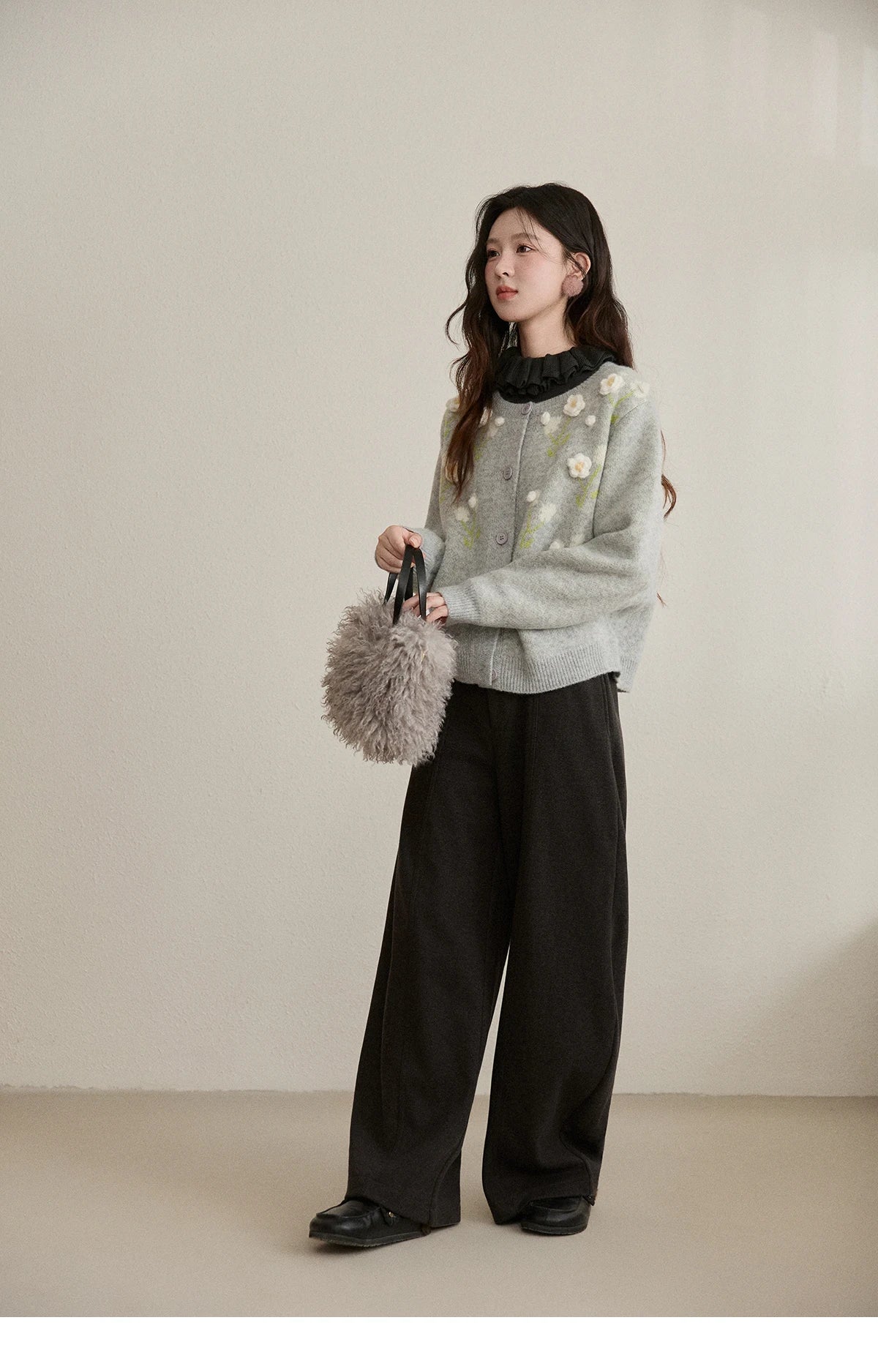 Mishow Gray Flower Embroidery Round Collar Cardigan MXE91Z2836
