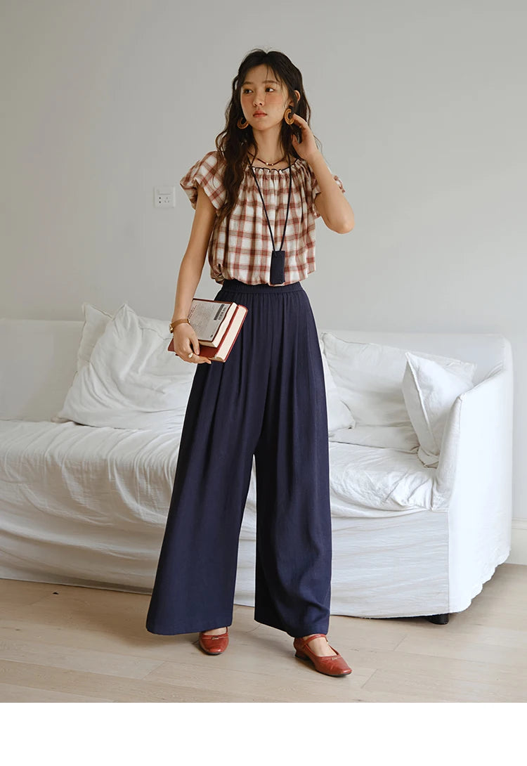 Mishow Retro Red Grid Puff Sleeve Top & Wide Leg Pants Set MXE37T0649