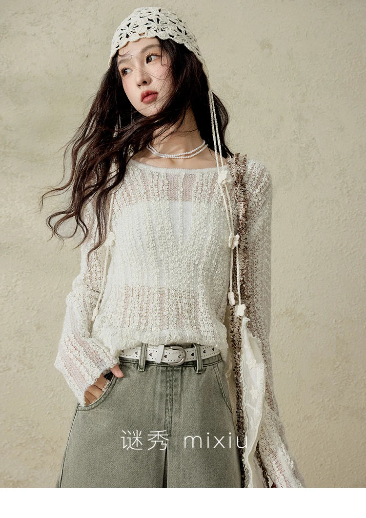 Mishow Apricot White Hollow Mohair Drop Sleeve Top MXE12Z1120