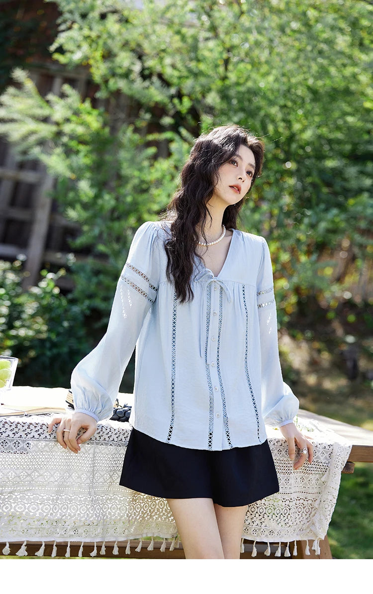 MISHOW Blue V-Neck Shirt Lace-Up Hollow Lantern Sleeve MXE12C0411