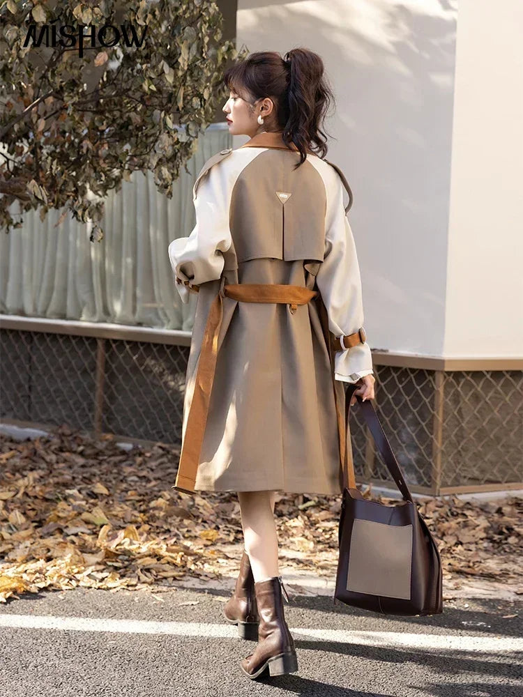 Mishow Khaki Contrast Color Spliced Trench Coat MXB31W0367