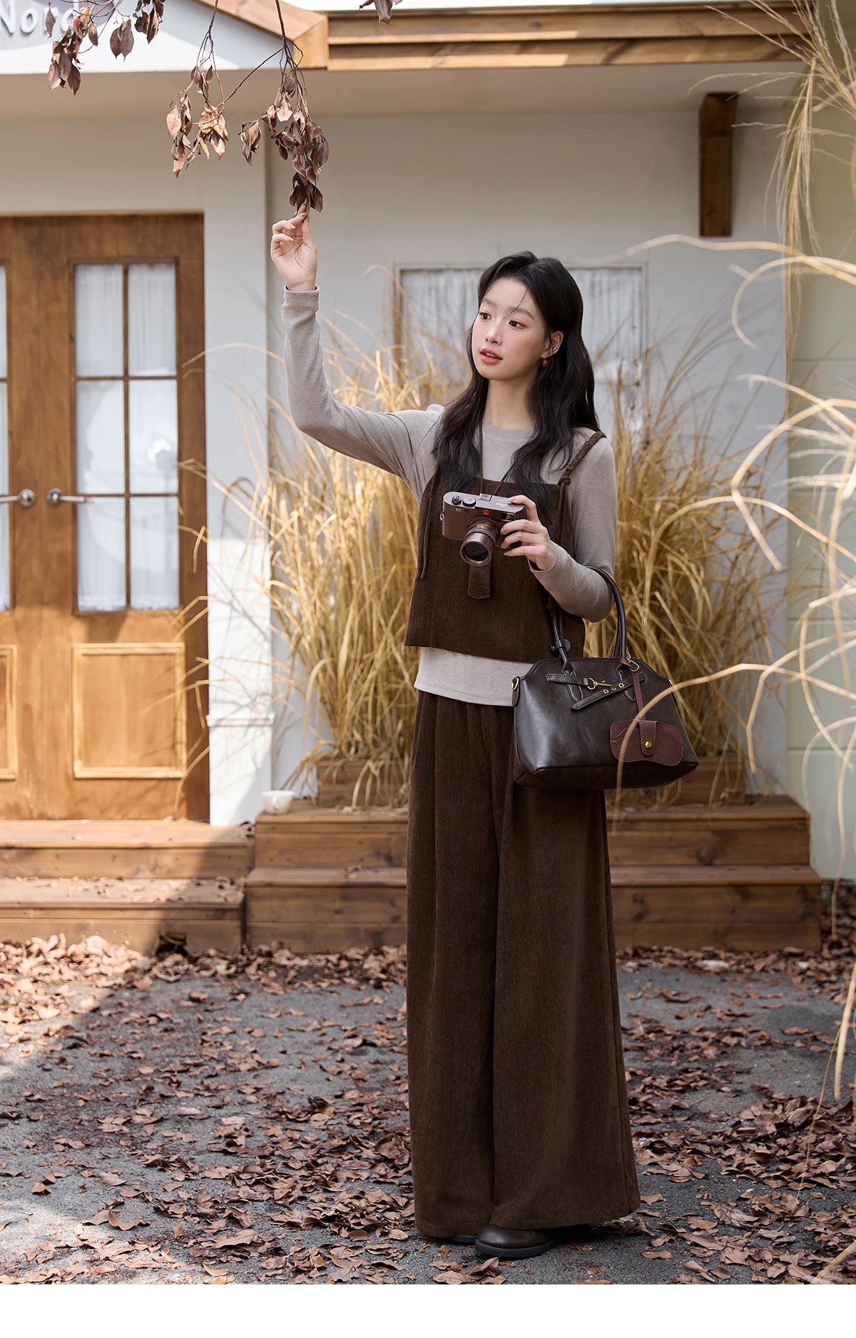 Mishow Brown Vest & Gray Top & Wide Leg Pants 3-Piece Set MXE49T1422