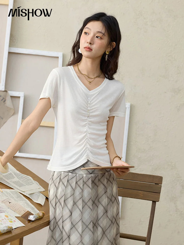 Mishow V-Neck Front Elastic Shell Button Tee MXE34T0560