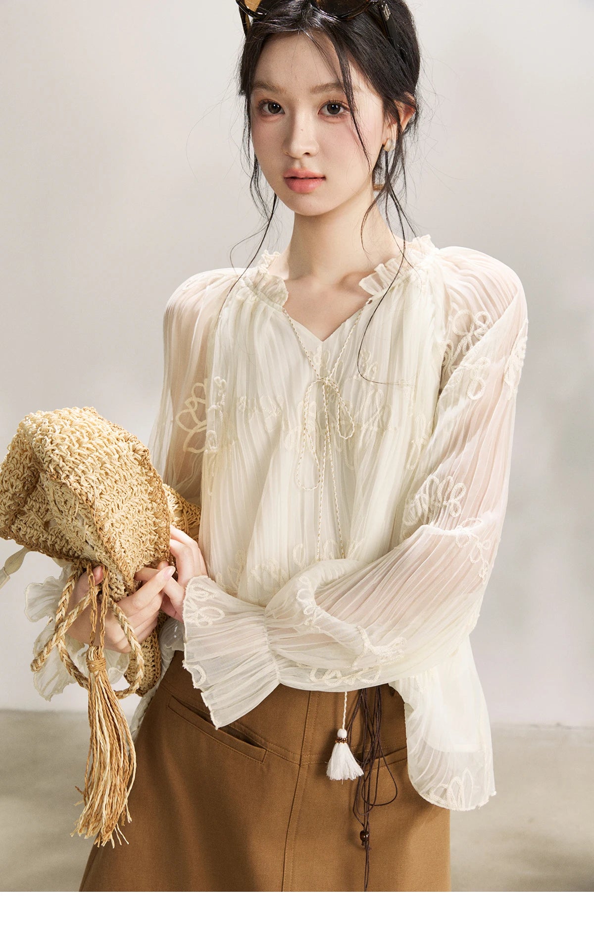 MISHOW Tassel Tie Flower Embroidered Blouse V-Neck Lantern Sleeve MXF13X2525