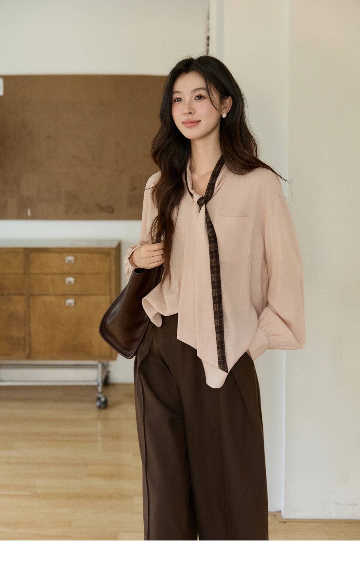 MISHOW Dusty Pink Shirt Plaid Tie Neck Lantern Sleeve MXF108C0817