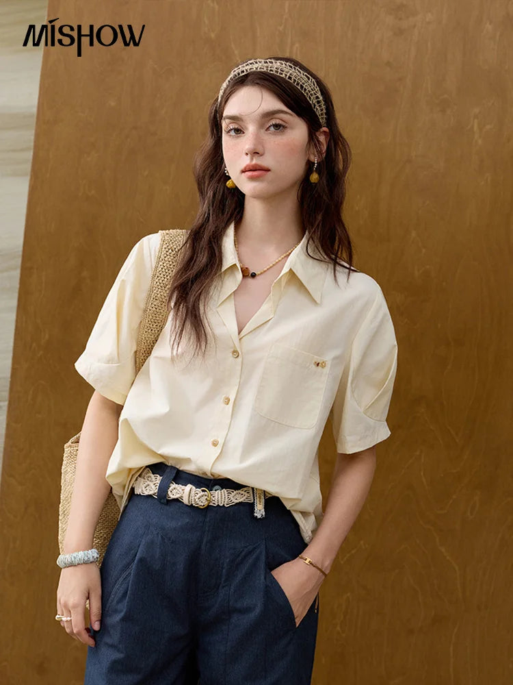 MISHOW French Turn-Down Collar Short Sleeve Solid Blouse MXE33C0778