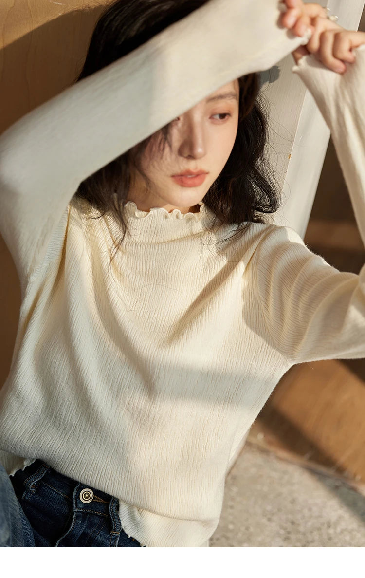 Mishow Ruffled Edge High Collar Slim Knit Top MXD48Z0850