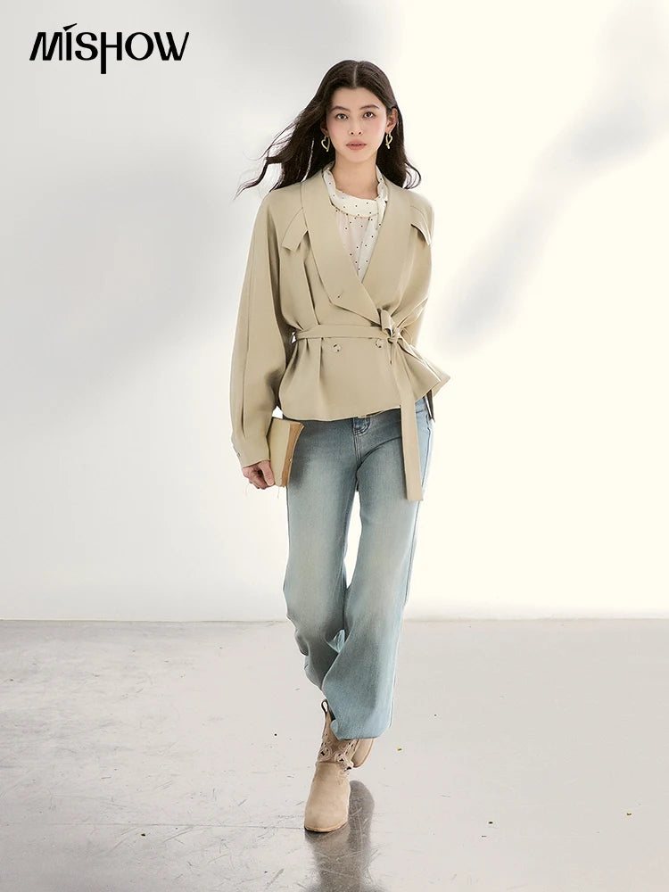 MISHOW Khaki Belted Waist Coat Lapel Double-Breasted Short MXF13W1056