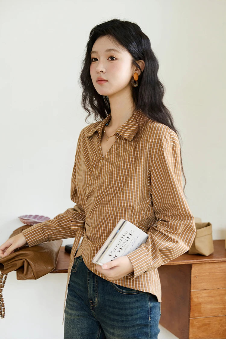 MISHOW Dark Orange Plaid Shirt Side Waist Lace-Up MXE46X2494