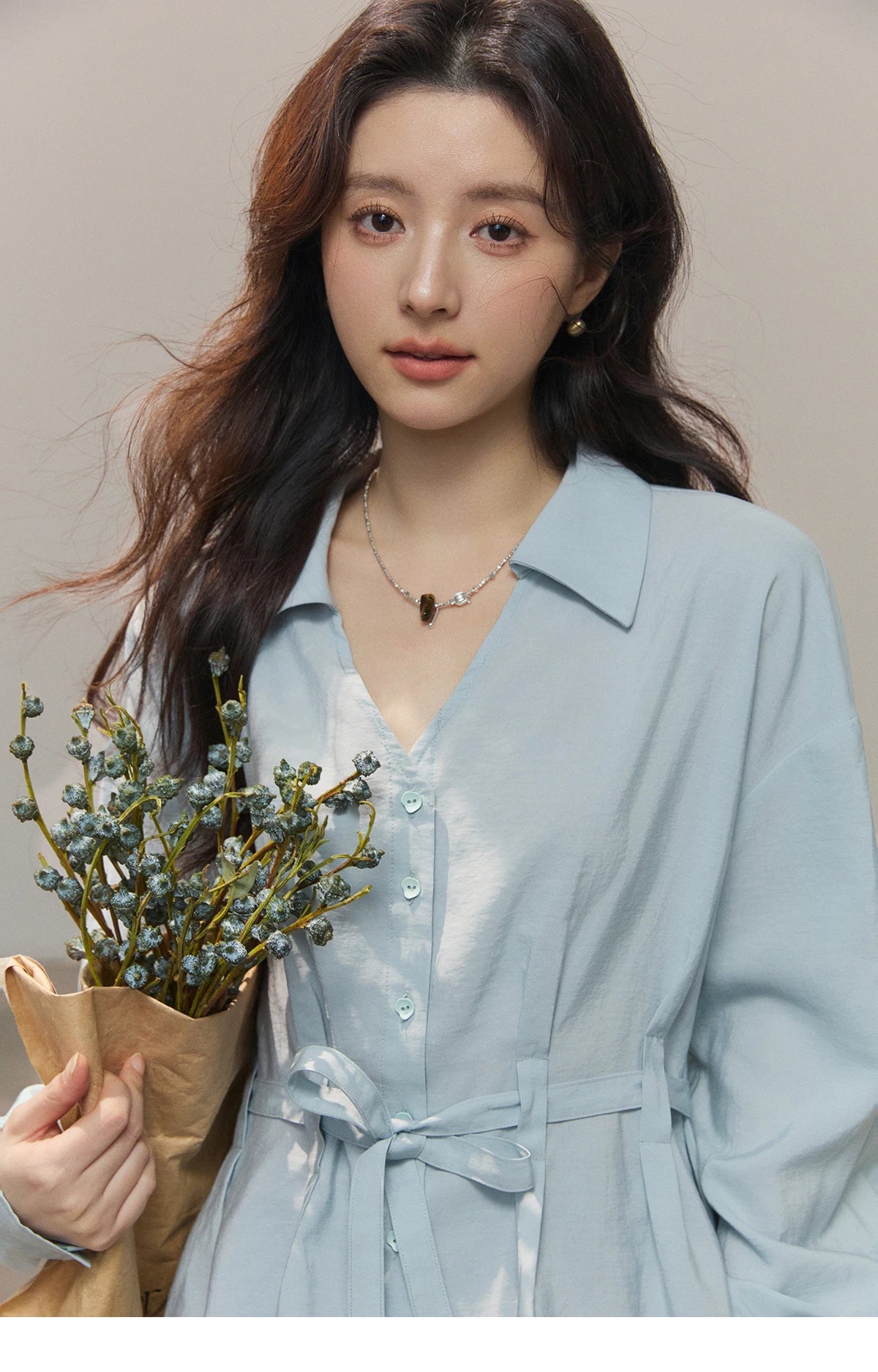 MISHOW Light Blue Lyocell Shirt V-Neck Belted Waist MXF13C2437