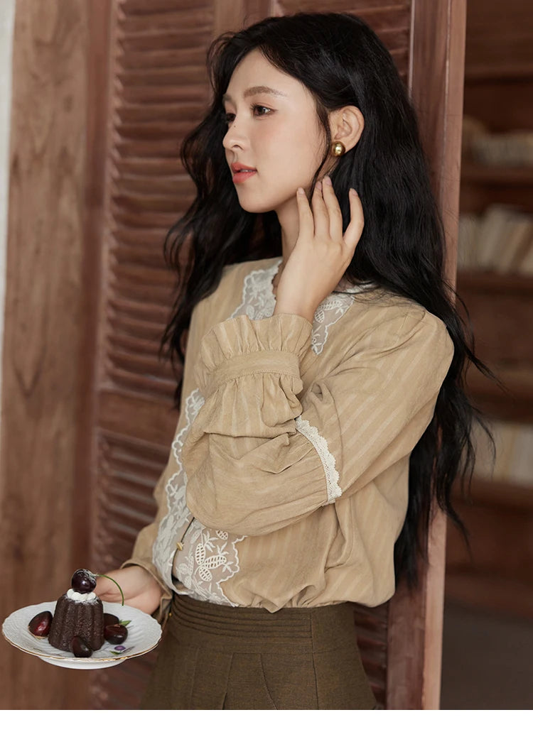 MISHOW Mesh Embroidery Blouse Lace Collar Lantern Sleeve MXD47X1664