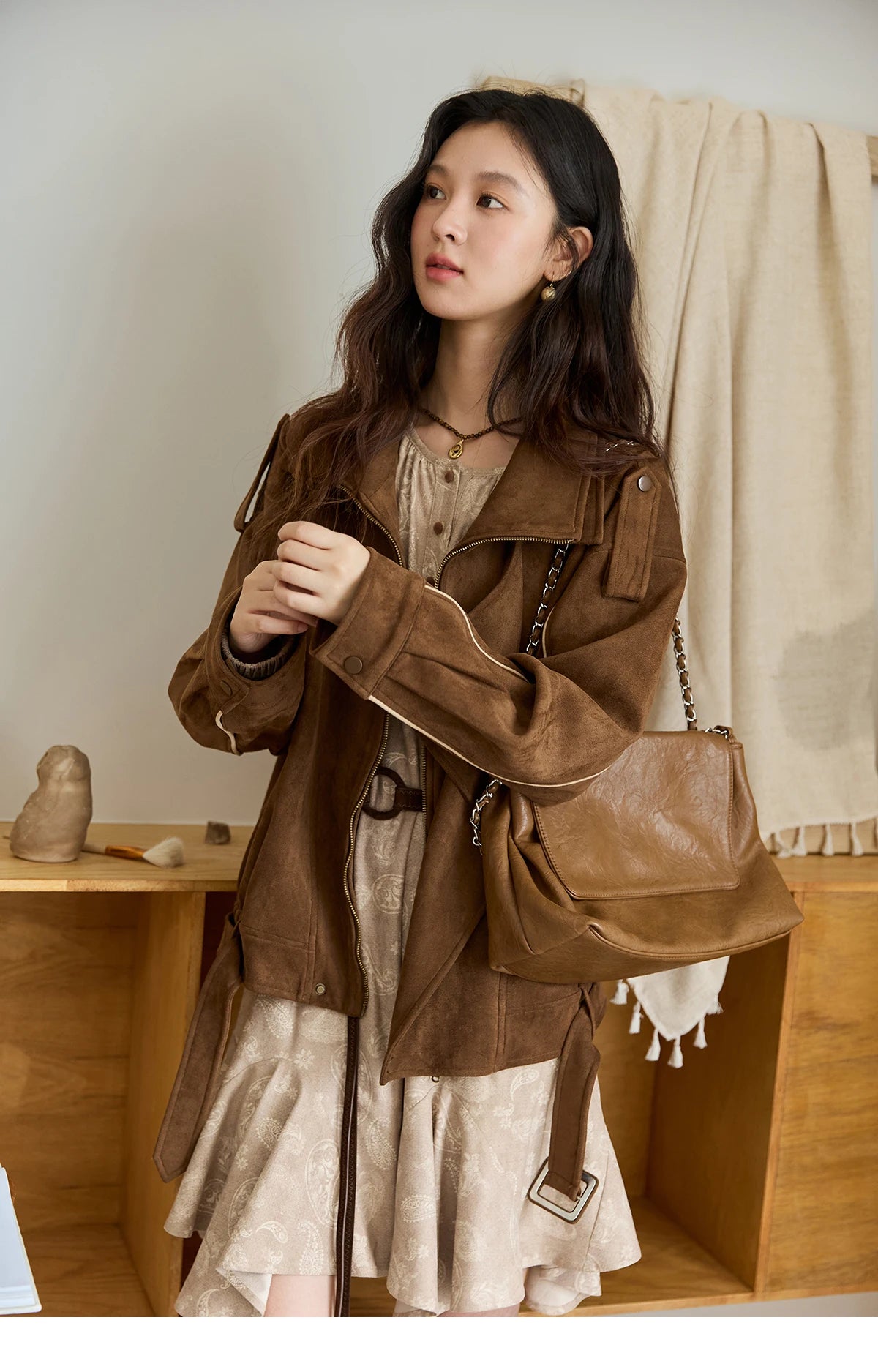 MISHOW Brown Suede Short Jacket Split Turn Down Collar MXE48W0850