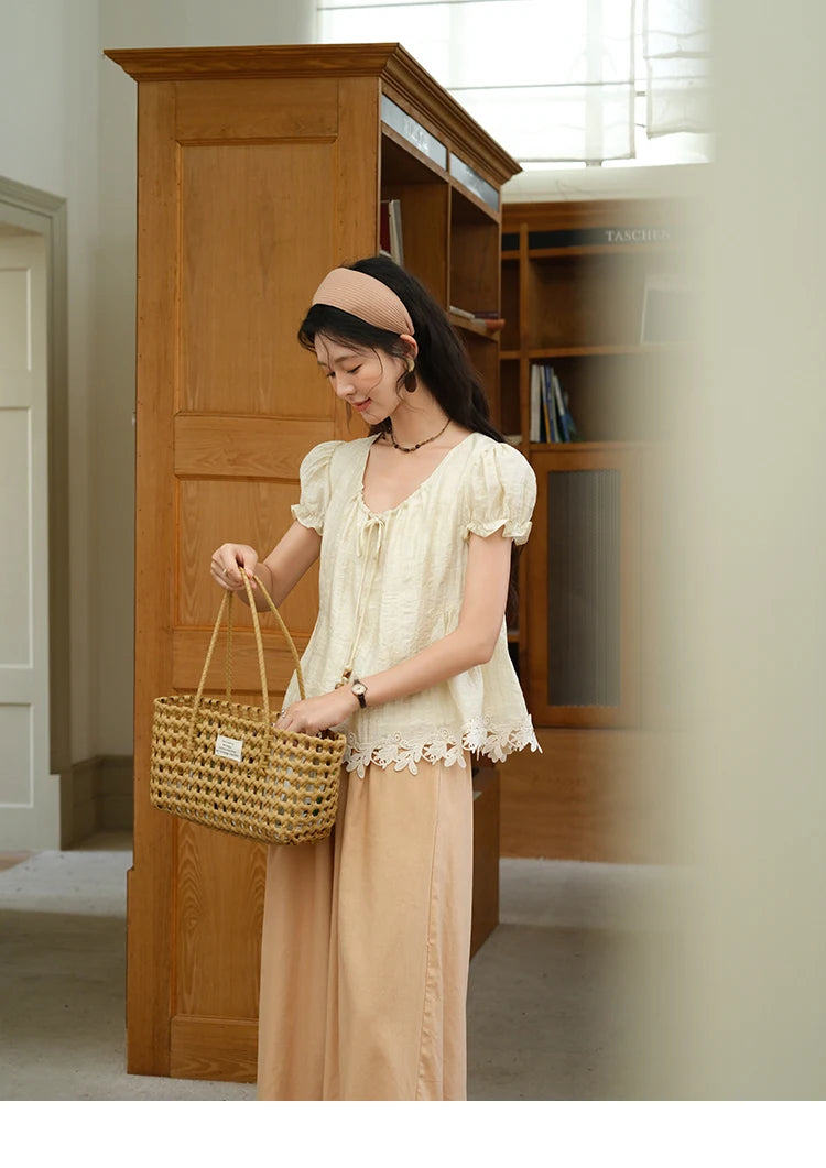 MISHOW French Round Neck Lace Up Blouse Embroidery Puff Sleeve MXE39X1956