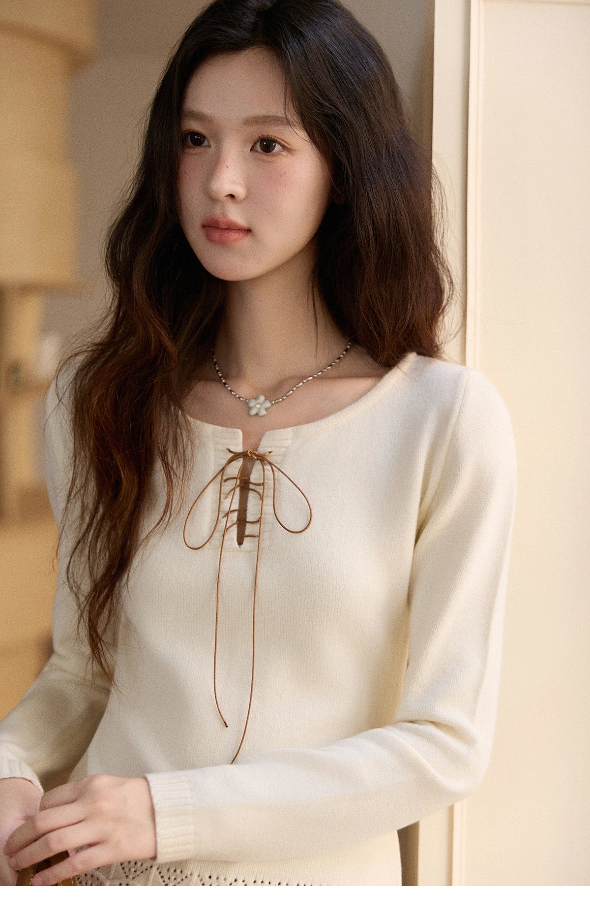 Mishow Beige Contrast French Hem Crochet Sweater MXE89Z2634