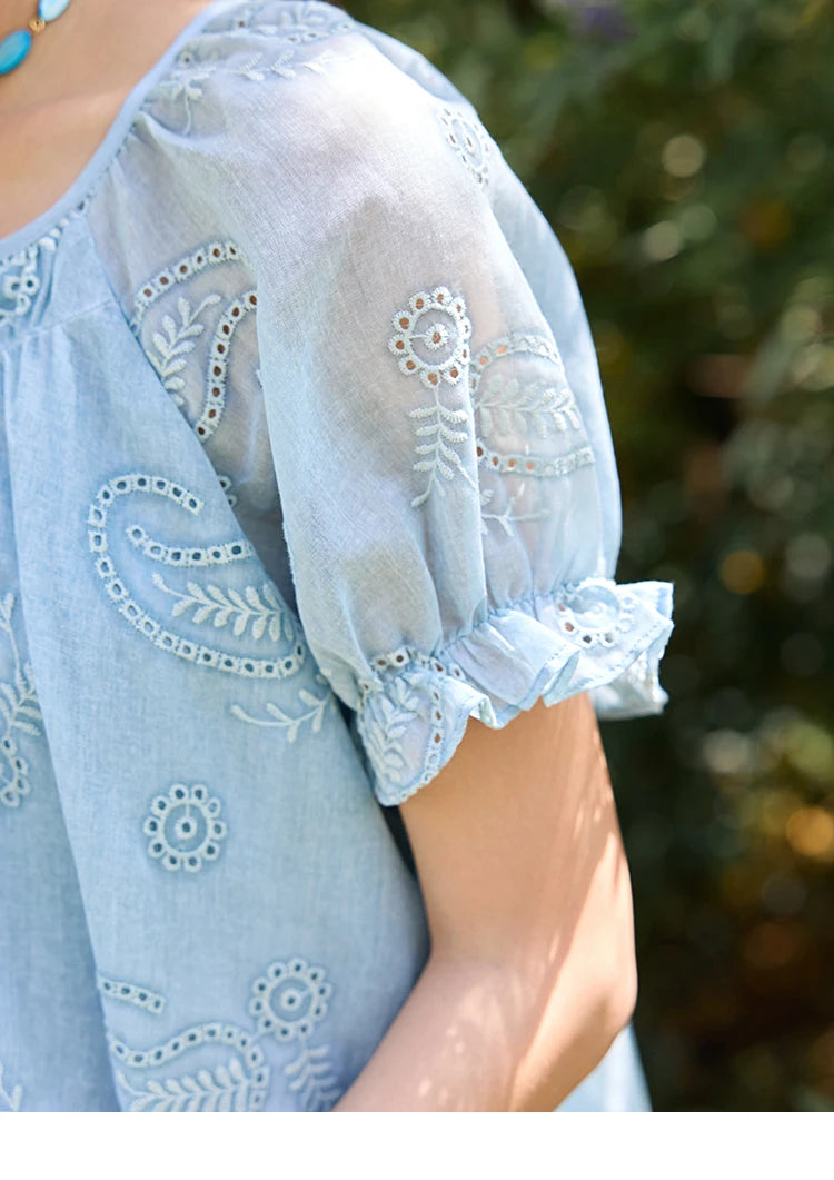 MISHOW Embroidered Flower Shirt Puff Sleeve Round Neck MXE39X1922