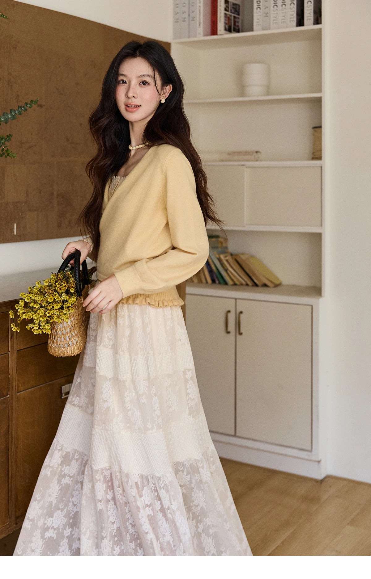 Mishow Yellow Ruffled Camisole & Lace Cardigan Set MXF11T1472