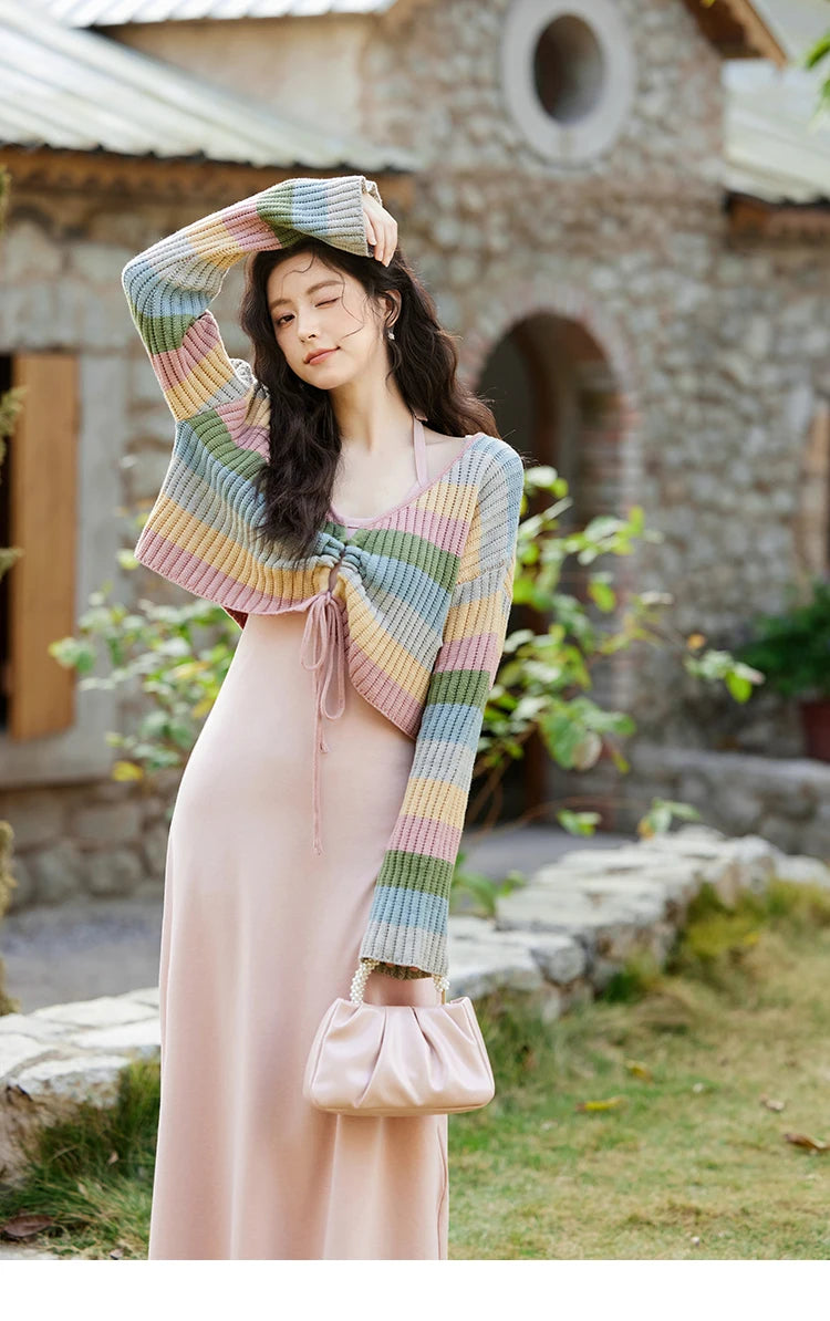 Mishow Colorful Striped Sweater Slim Knit Dress MXE11L2086