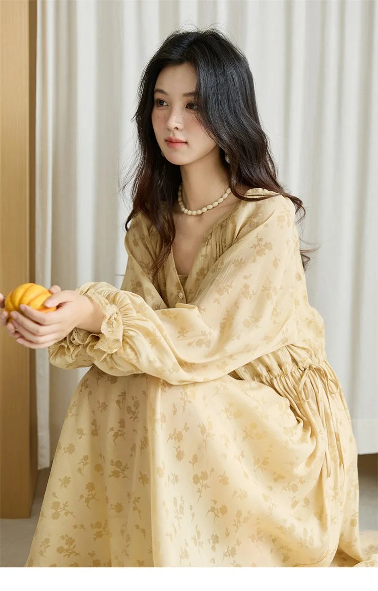 MISHOW Yellow Print Lace Lantern Sleeve Dress MXE47L2527